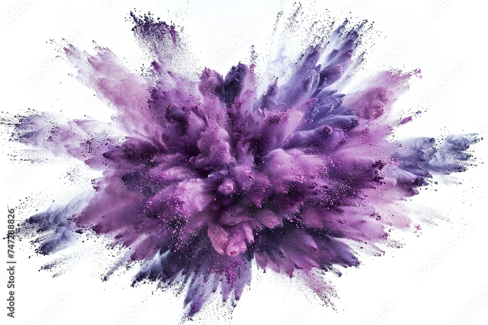 A dynamic, high-energy burst of fine sparklie silver and deep purple powder, captured in the split second of its explosion