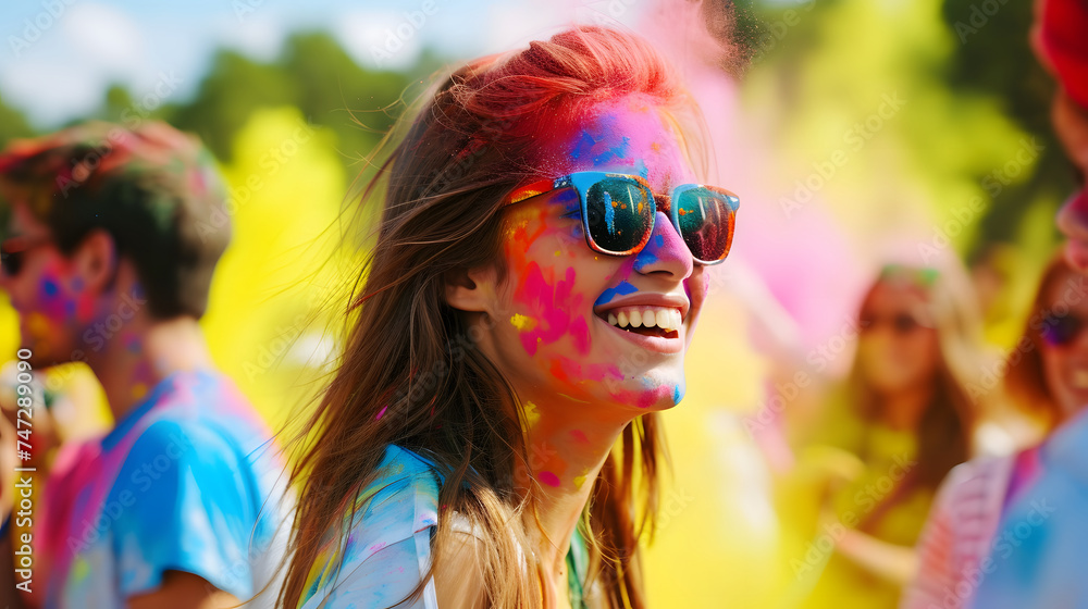 Happy Woman with Sunglasses at Color Festival