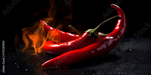 Red chili pepper close-up in a burning flame on a black background. Hot spicy chili pepper with flames. Burning red hot chili peppers on a black surface