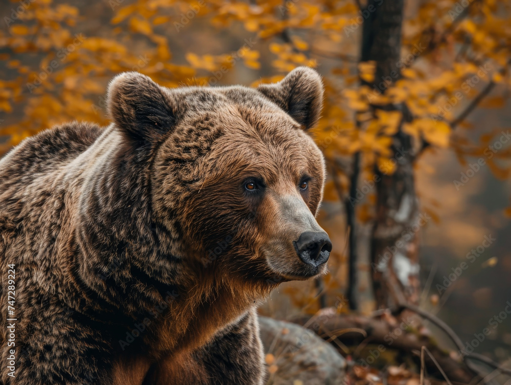 Autumn portrait of a brown bear with a backdrop of golden leaves.