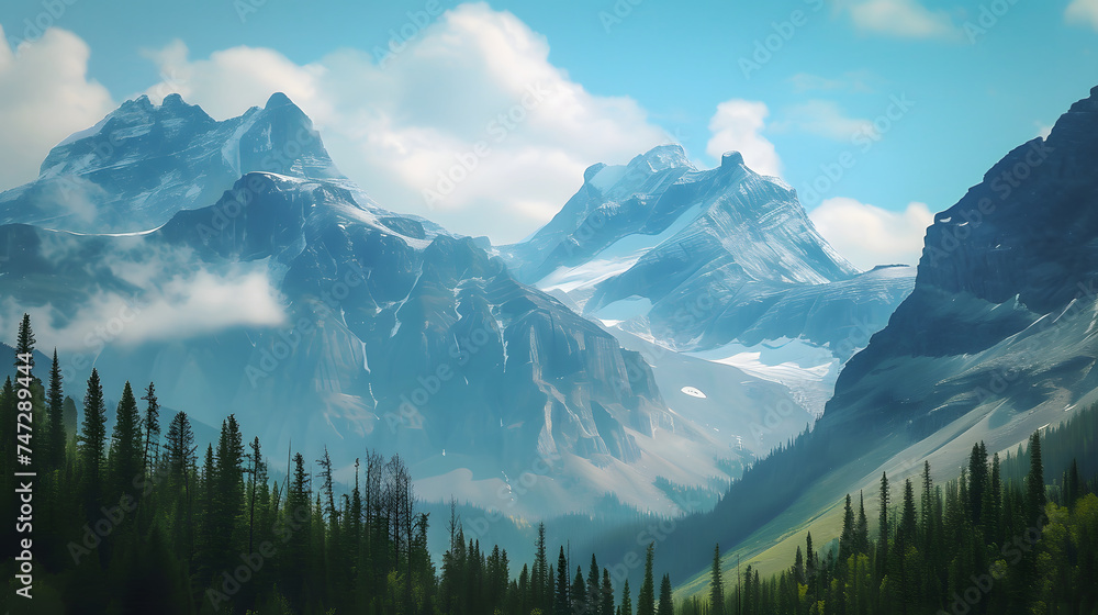 Majestic Mountain Range with Misty Forest in the Foreground