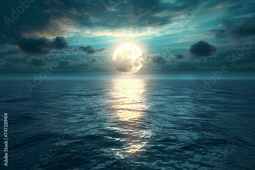 Moonrise over tranquil sea with clouds. Celestial beauty and night sea concept for design and wallpaper with copy space.