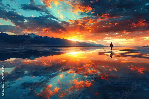 Figure standing on salt flats with reflective water at sunset. Self-discovery and vastness concept for design and wallpaper