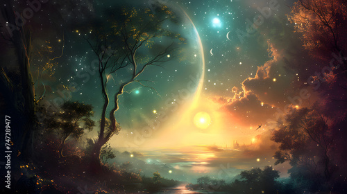 Fantasy Landscape with Magical Forest, Planets, and Sunset