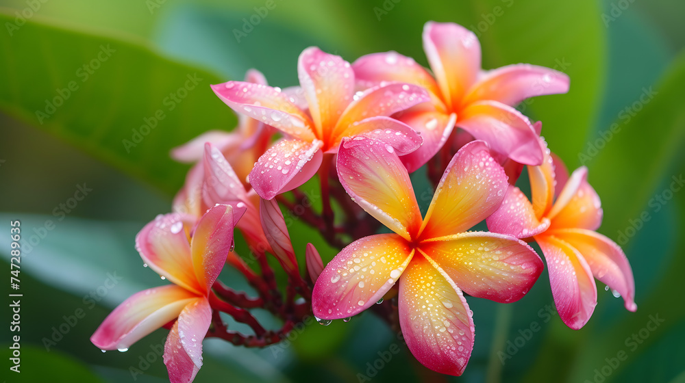 Vibrant Pink and Yellow Plumeria Flowers with Water Drops on Green Background