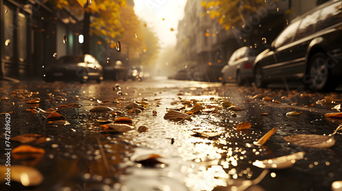 Autumn Rain on City Street with Golden Leaves and Parked Cars