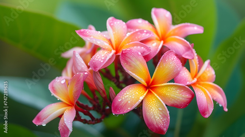 Vibrant Pink and Yellow Plumeria Flowers with Water Drops on Green Background © HappyKris