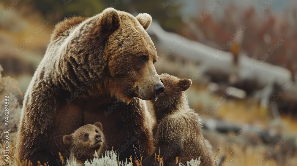 Obraz premium Grizzly bear mother spends time with her two cubs in wild nature.