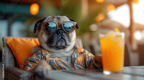 Portrait of a  pug wearing trendy mirror sunglasses and Hawaiian shirt sitting in the beach bar with glass of orange juice