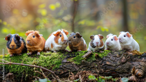 A bunch of various guinea pigs standing playfully on a forest log. photo