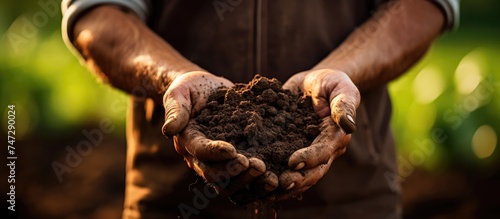 Modern mineral nutritional fertilizer in the hands of farmers on fertile soil photo