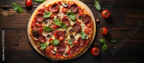 Overhead view of a delicious pepperoni and basil pizza placed on a rustic wooden table. The pizza is topped with vibrant tomatoes and fresh basil leaves, creating a mouth-watering display.