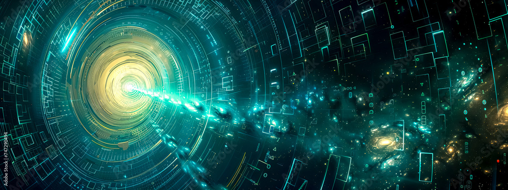 Obraz premium Futuristic Data Tunnel with Digital Elements and Cosmic Background