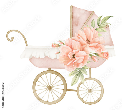 Watercolor Baby Pram with rose flowers in vintage style. Retro kid Stroller in cute pastel pink and beige colors. Cute carriage for children. Hand drawn illustration of perambulator for newborn party.