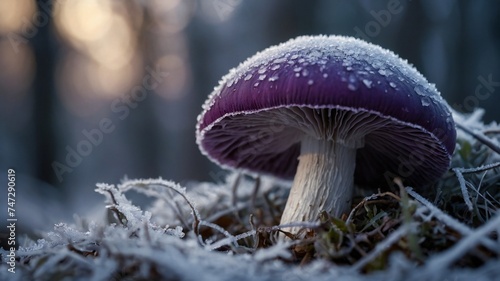 Magical View of Snowy Mushrooms in forest