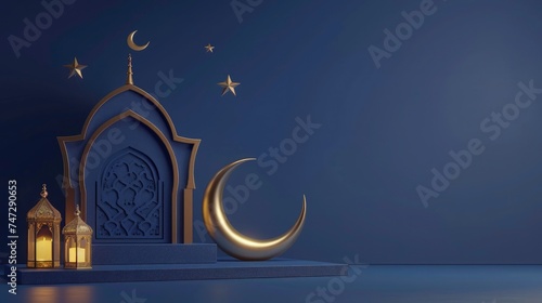 3d gold mosque Lantern podium and crescent ornaments. Islamic Ramadan Kareem product promotion greeting background with copy space photo
