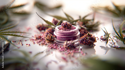 Jar with dried cannabis buds photo