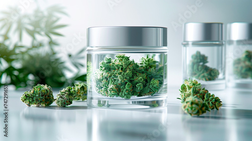 Jar with dried cannabis buds photo