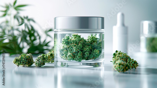 Jar with dried cannabis buds photo