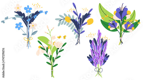 Flat vector illustration set of flower bouquets. Spring small bouquets of wildflowers. Cute illustration.
