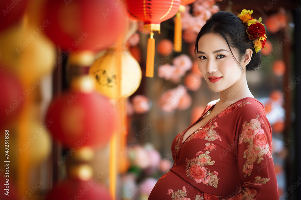 Fototapeta premium Ai generated picture of japanese charming pregnant woman dressed red traditional dress