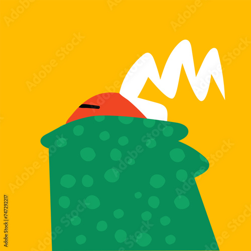 Modern abstract artwork. Man wit white long hair in green dotted hoodie represent generation's disengagement from world. Vector illustration in surrealistic art style. Concept of social culture.