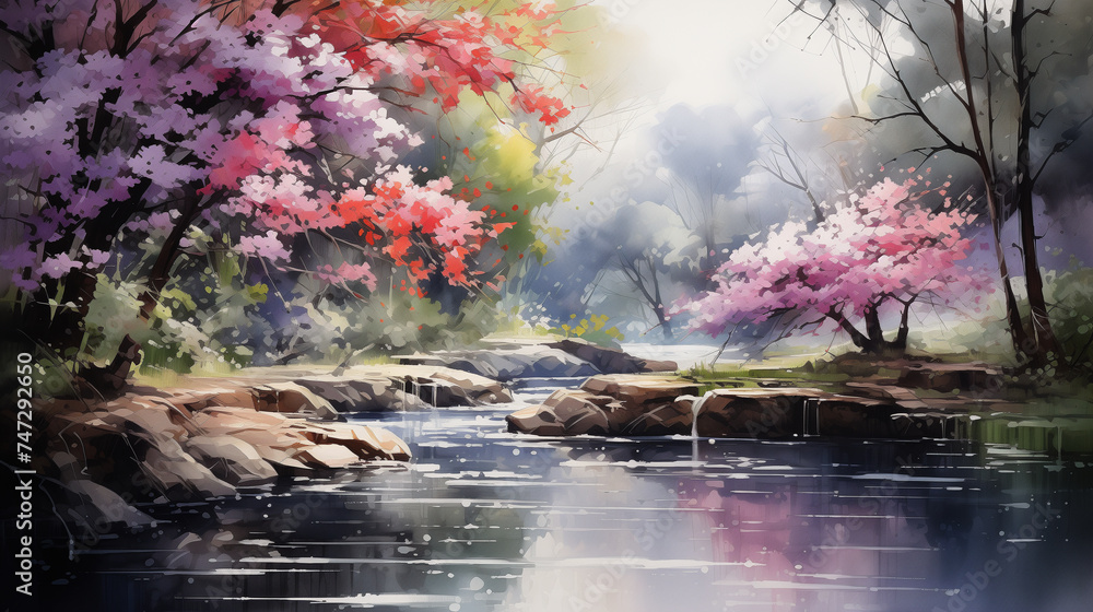 Vivid spring blossoms canopy over a serene forest stream, creating a peaceful and picturesque woodland scene. Watercolor painting illustration. - obrazy, fototapety, plakaty 