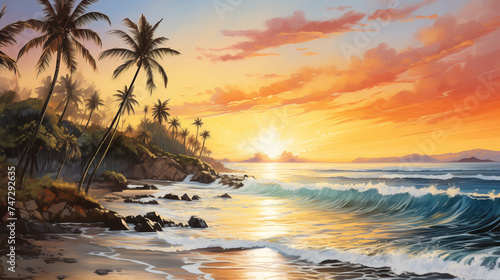 The sun sets in a fiery display of colors over a tropical beach, casting a golden glow on the waves and palm trees. Watercolor painting illustration.