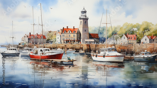 A quaint harbor scene with boats moored in calm waters, a lighthouse standing guard, and charming coastal houses in the background. Watercolor painting illustration.