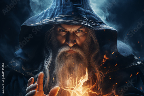 Digital generative ai collage image of old wise wizard doing spell