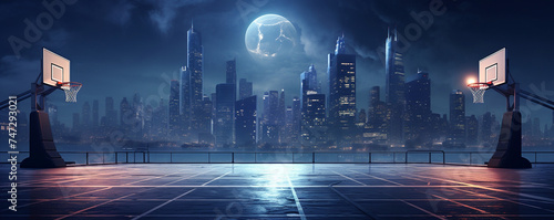 A basketball court illuminated by the lights of a towering city skyline