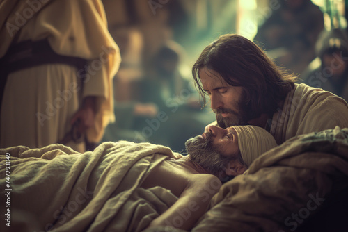 Jesus resurrecting old man. Miracles of Jesus concept. Jesus Healing the sick. Christ Healing the wounded. Bible concept. Miracles and grace. The lord touching the sick with his healing hand.  photo
