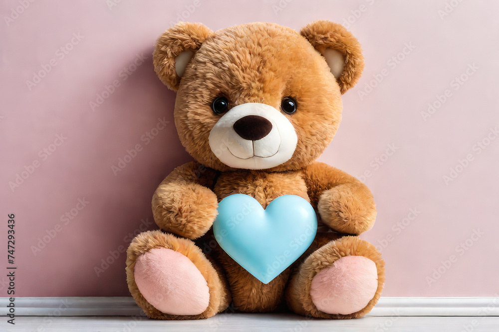 Obraz premium A teddy bear holds a red heart in his hands on a background of flowers as a gift for Valentine's Day, mother's Day, wedding, birthday.