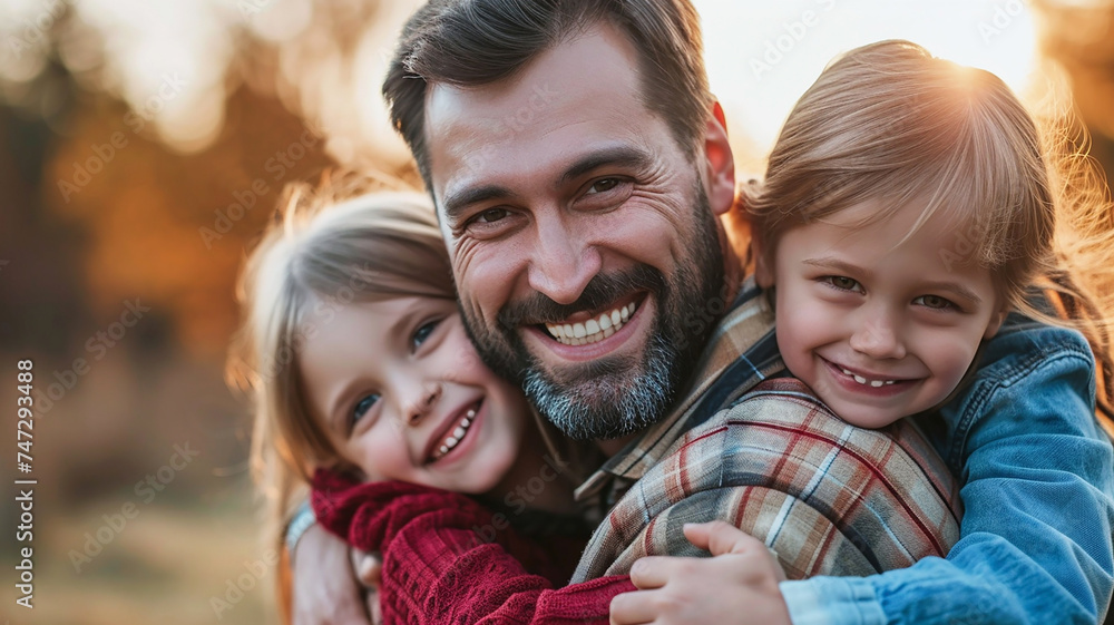 Obraz premium A happy smiling father hugs small laughing children