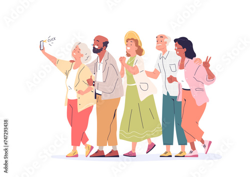 Seniors group selfie. Modern grandparents having photo shots, old person smile for photograph on smartphone, cartoon elderly age people selfies portrait, classy vector illustration