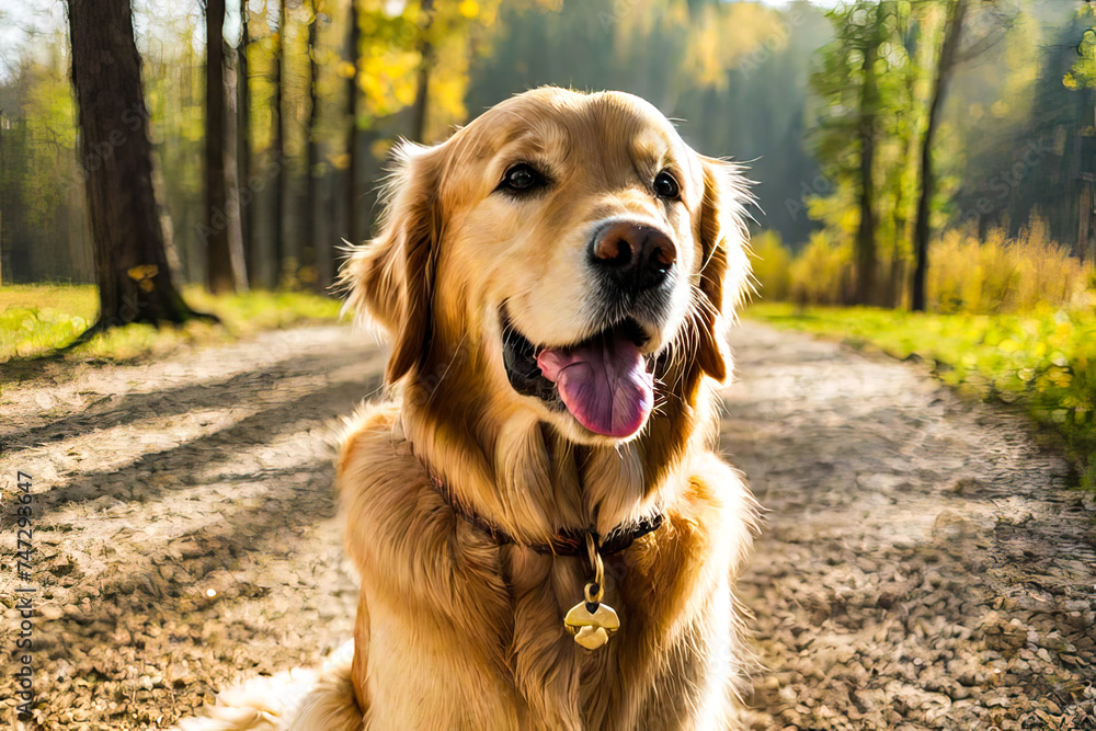 Golden retriever labrador dog is sitting in the autumn forest playing with fallen leaves.
