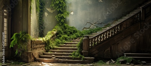 Sunlight highlights the ivy-covered stairs of an old, abandoned building. The decaying structure stands as a reminder of its former glory, now reclaimed by nature.