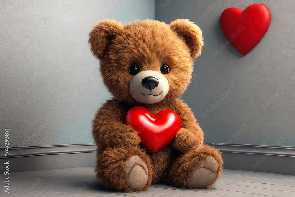 A teddy bear holds a red heart in his hands on a background of flowers as a gift for Valentine's Day, mother's Day, wedding, birthday. A teddy bear holds a red heart in his hands on a background of flowers as a gift for Valentine's Day, mother's Day, wedding, birthday.