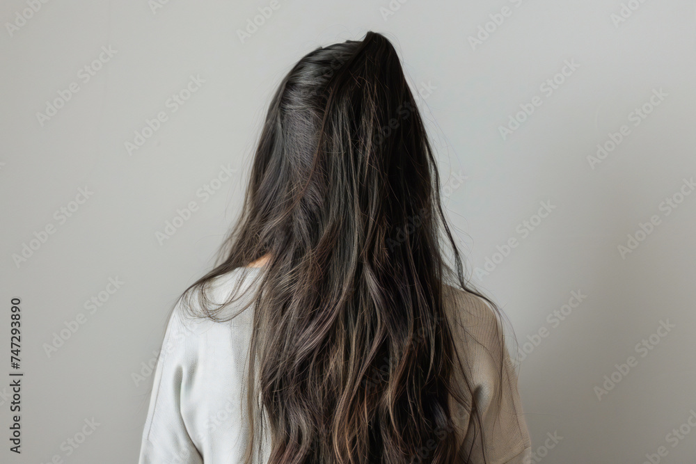 brunette beautiful hair of a young girl on a light background, back view of hair brunette beautiful hair of a young girl on a light background, back view of hair