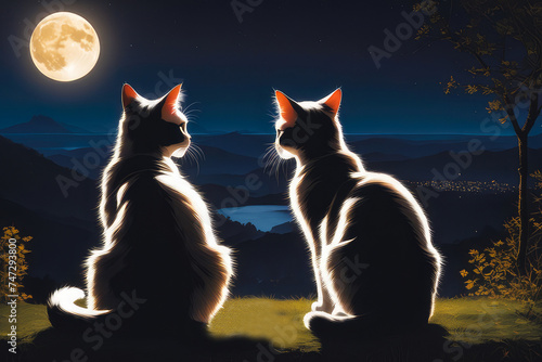 Two cats against the background of a full orange moon at twilight. Kittens in love on Valentine s day. Scary cats for Halloween.