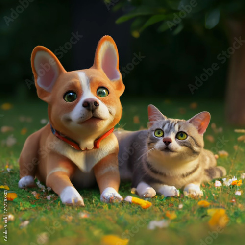 cartoon character animation dog and cat  Ai Generative © SAHINAKHANOM