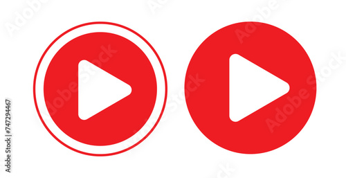 Red YouTube play button, set YouTube video and music icon. A triangle within a circle is a media player symbol.Video and audio multimedia reproduction. Isolated vector illustration on white background photo