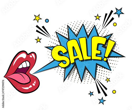 Comic lettering sale. Vector bright cartoon illustration in retro pop art style. Comic text sound effects. EPS 10.