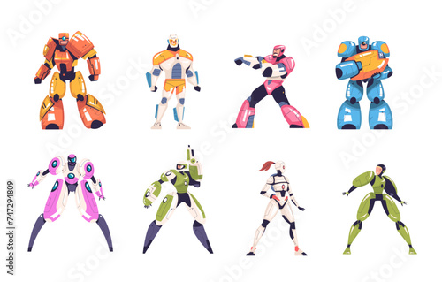 Robot costumes. Robots super hero costume with helmet mask for man and woman, alien cyborg superhero futuristic robotic military game soldier character, classy vector illustration