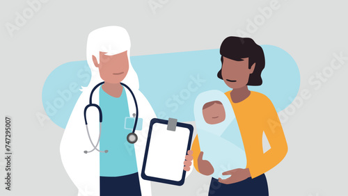 Vektor-Illustration einer Ärztin mit einer jungen Mutter und ihrem Neugeborenen