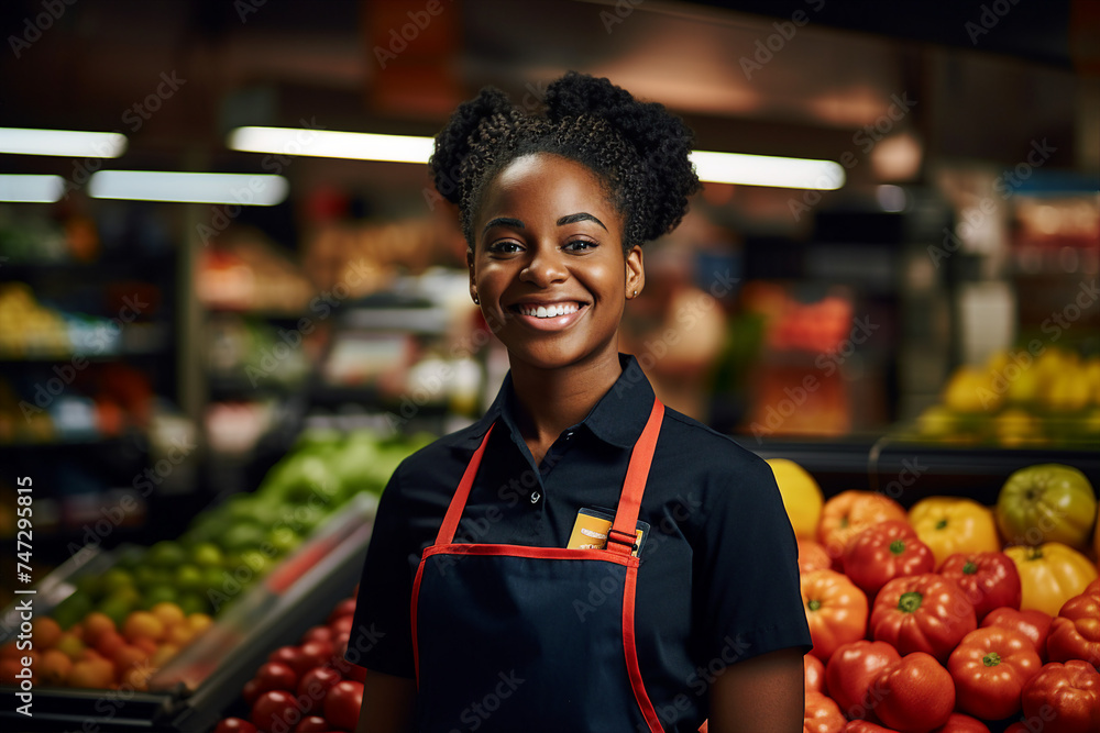 Smiling person working in supermarket grocery store department Generative Ai picture - obrazy, fototapety, plakaty 