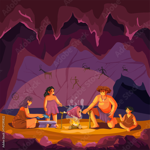 Ancient family in cave. Prehistoric couple at campfire fire inside stone hut with primitive painting wall neanderthal survival people paleolithic history recent vector illustration