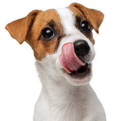 Portrait of cute Jack Russell Terrier puppy with sticking out tongue posing against transparent background. Dog looks happy and graceful. Concept of motion, beauty, vet, breed, pets, animal life.