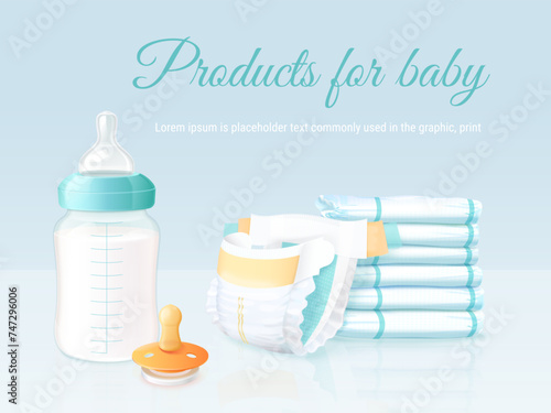 Realistic baby product background. Infant care products advertising banner, newborn 3d stuff toddler hygiene goods, stacked diapers milk bottle pacifier exact vector illustration