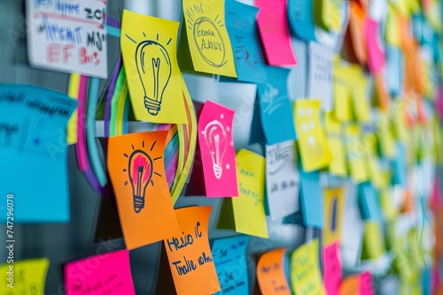 Dynamic collaboration in a professional workplace: Creative brainstorming and project management, colourful sticky notes. 